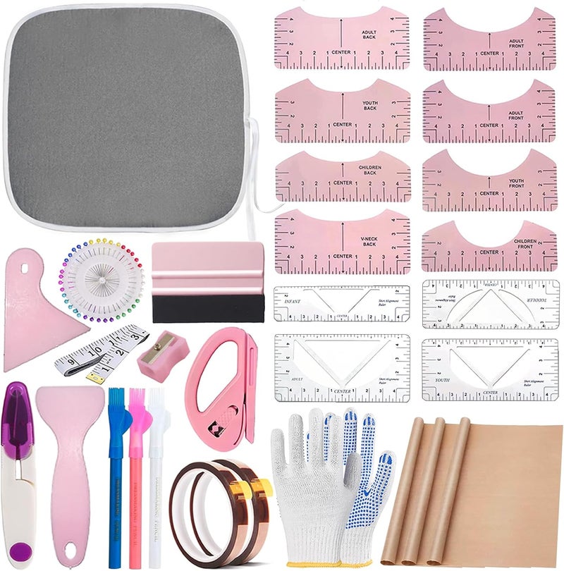 دي ان اس جوور مجموعات أدوات لتصنيع قمصان بتقنية الصبغ بالتبخر (Sublimation Shirts Tool Kits) تشمل أدوات لمحاذاة الفينيل (Vinyl Alignment Tools)، ولوحة محمولة للكي (Portable Ironing Pad)، وأدوات لقياس مقاسات القمصان (T-Shirt Rulers)، بالإضافة إلى ورق تفلون (Teflon Sheet) لاستخدامها مع آلة الضغط الحراري Cricut HTV لتصميمات الفينيل، وملحقات للخياطة اليدوية (Craft Sewing Accessories)، بإجمالي 67 قطعة. - Image 1