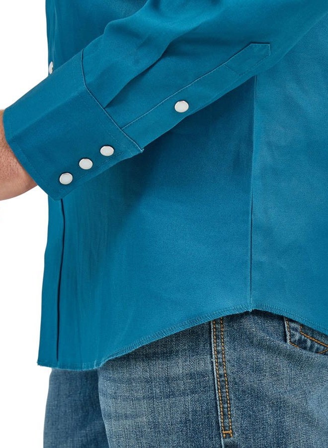 Wrangler mens Cowboy Cut Western Long Sleeve Snap Work Shirt Firm Finish, Color Dark Teal, Size L Tall - Image 2