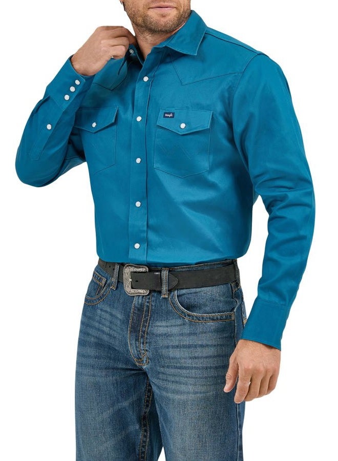 Wrangler mens Cowboy Cut Western Long Sleeve Snap Work Shirt Firm Finish, Color Dark Teal, Size L Tall - Image 3