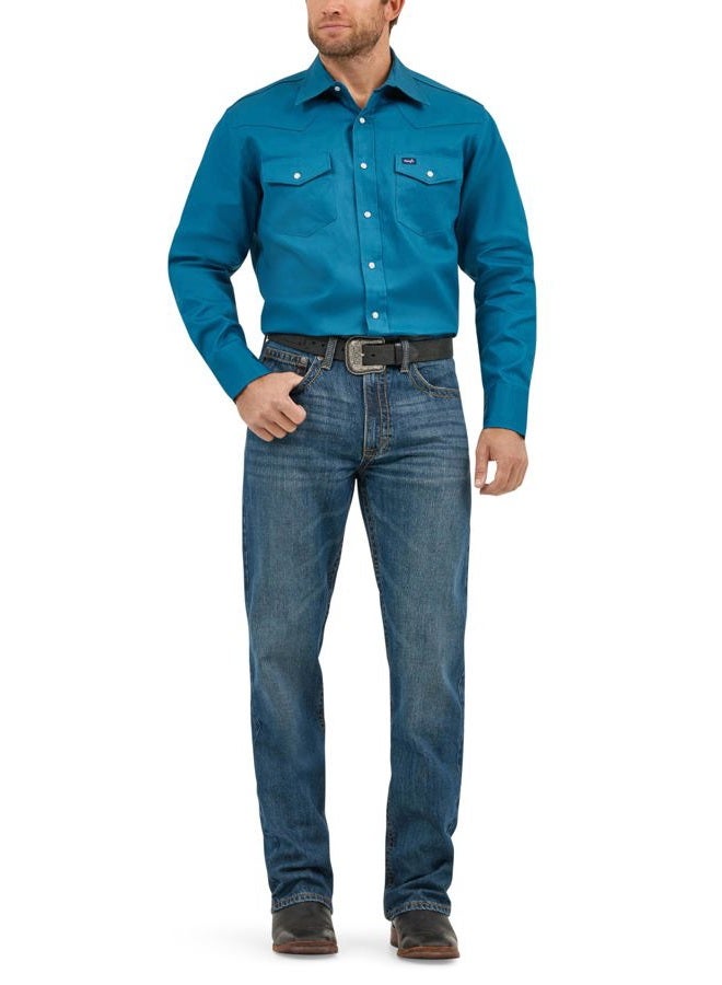 Wrangler mens Cowboy Cut Western Long Sleeve Snap Work Shirt Firm Finish, Color Dark Teal, Size L Tall - Image 1