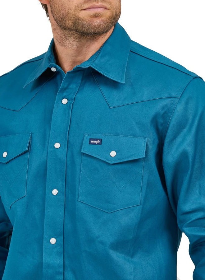 Wrangler mens Cowboy Cut Western Long Sleeve Snap Work Shirt Firm Finish, Color Dark Teal, Size L Tall - Image 4