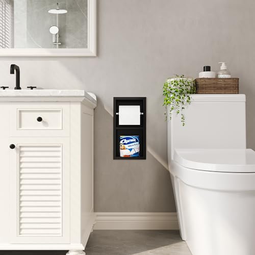 Qeke Recessed Toilet Paper Holder, 304 Stainless Steel Bathroom Toilet Paper Holder with Storage, in Wall Tissue Toilet Roll Holder, Matte Black - Image 2
