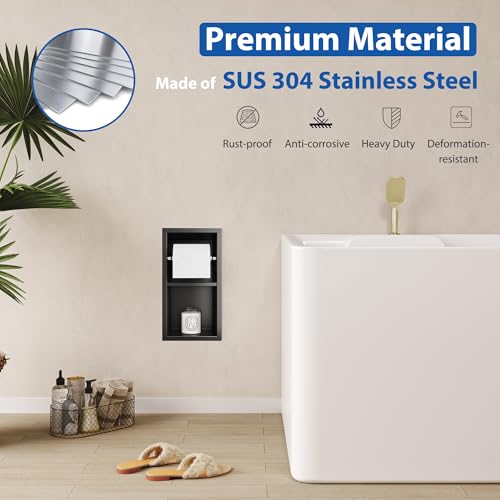 Qeke Recessed Toilet Paper Holder, 304 Stainless Steel Bathroom Toilet Paper Holder with Storage, in Wall Tissue Toilet Roll Holder, Matte Black - Image 5