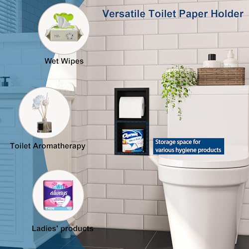 Qeke Recessed Toilet Paper Holder, 304 Stainless Steel Bathroom Toilet Paper Holder with Storage, in Wall Tissue Toilet Roll Holder, Matte Black - Image 3
