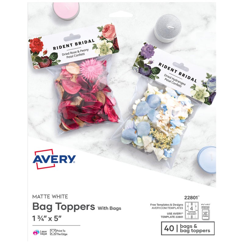 Avery Printable Bag Toppers for Laser & Inkjet Printers, Bags Included, 1.75" x 5", Pack of 40 (22801) - Image 1