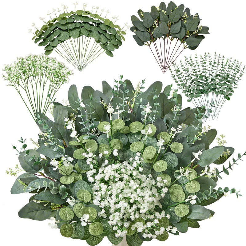Faylifeway 60 PCS 4 Kinds Mixed Artificial Greenery StemsBaby Breath Flowers Artificial Bulk with Fake Eucalyptus Stems for Wedding Vase Bouquet Home Floral Decor - Image 2