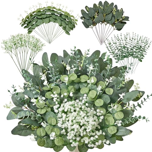 Faylifeway 60 PCS 4 Kinds Mixed Artificial Greenery StemsBaby Breath Flowers Artificial Bulk with Fake Eucalyptus Stems for Wedding Vase Bouquet Home Floral Decor - Image 1