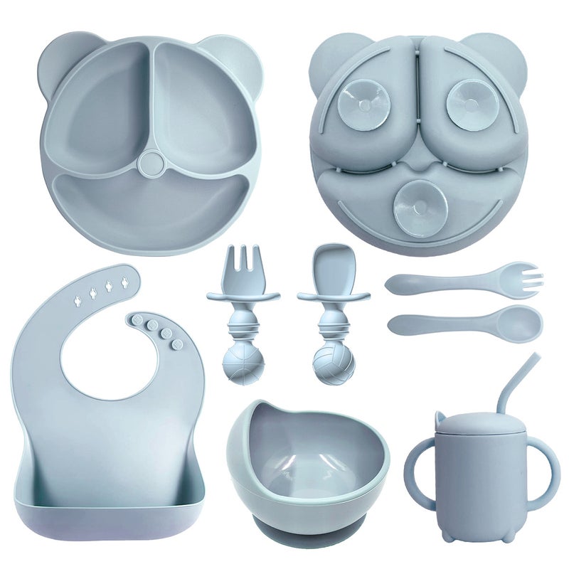 Silicone Baby Dining Set Soft Bib Bowl SpoonGrey Blue -8 Pieces Bear Dinner Plate + Snail Bowl + Straw Cup + Bib + Silicone Long Fork Spoon + Ball Short Fork Spoon Grey Blue -8 Pieces Bear Dinner Plate + Snail Bowl + Straw Cup + Bib + Silicone Long Fork Spoon + Ball Short Fork Spoon