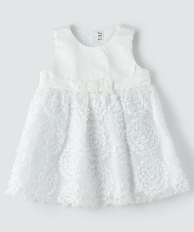 TINY HUG BABY GIRLS FLORAL TEXTURED PARTY DRESS WITH MESH OVERLAY AND WAIST BOW - Image 1