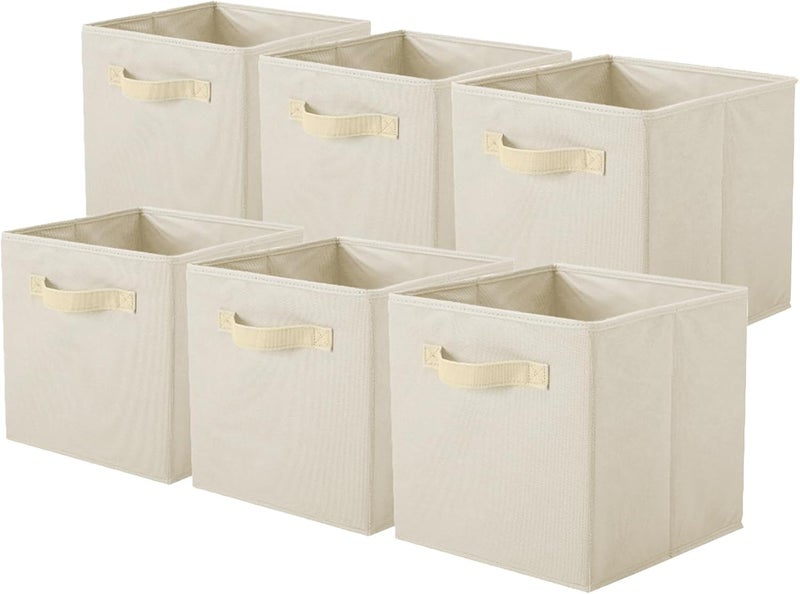 PowerKing Fabric Storage Box Organiser 6 Foldable Storage Container Storage Box, Cube, Beige - Image 1