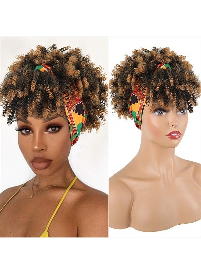 Aisaide Wrap Wigs for Black Women,Short Kinky Curly Wigs Brown Wigs with Bangs Headwrap Wigs 2 in 1,Synthetic Short Afro Wigs High Puff Full Wigs Ombre Brown Wig with Scarf Turban Drawstring Wig - Image 1