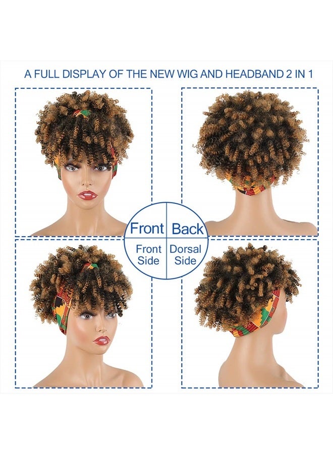 Aisaide Wrap Wigs for Black Women,Short Kinky Curly Wigs Brown Wigs with Bangs Headwrap Wigs 2 in 1,Synthetic Short Afro Wigs High Puff Full Wigs Ombre Brown Wig with Scarf Turban Drawstring Wig - Image 3