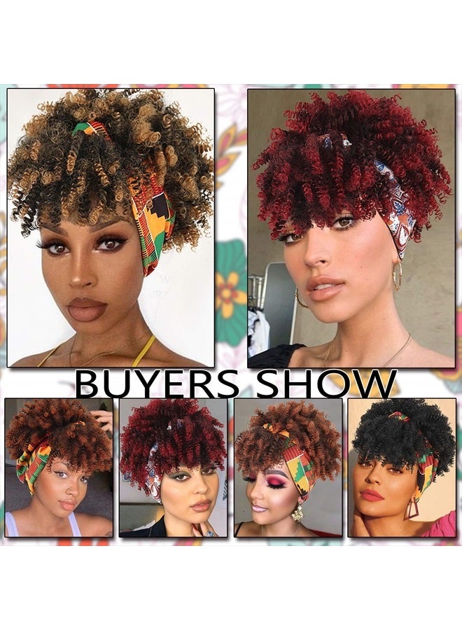 Aisaide Wrap Wigs for Black Women,Short Kinky Curly Wigs Brown Wigs with Bangs Headwrap Wigs 2 in 1,Synthetic Short Afro Wigs High Puff Full Wigs Ombre Brown Wig with Scarf Turban Drawstring Wig - Image 2