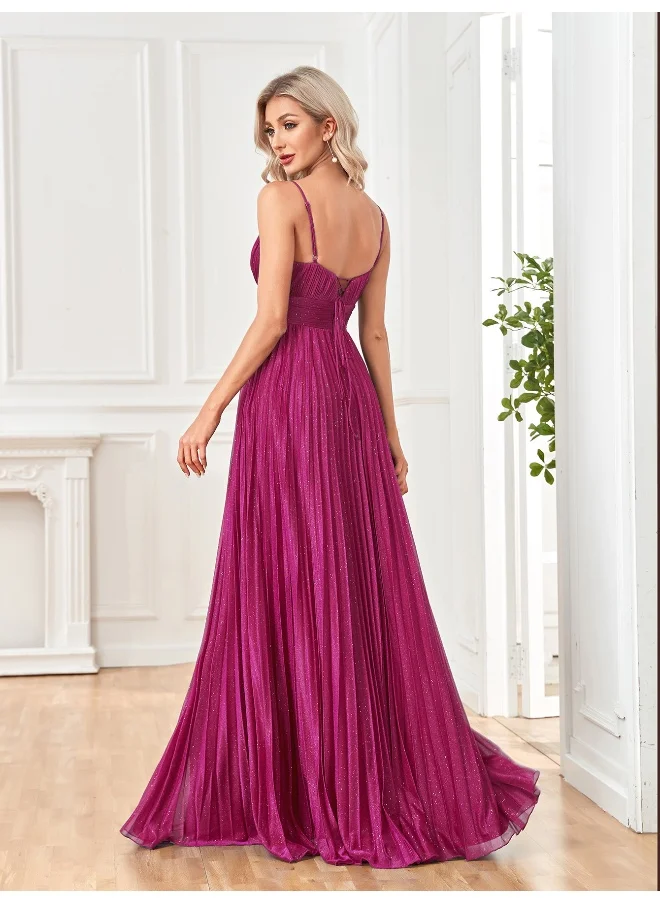Madam Uniq New Style Fuchsia Backless Spaghetti Strap Evening Gown Long A-Line Dress