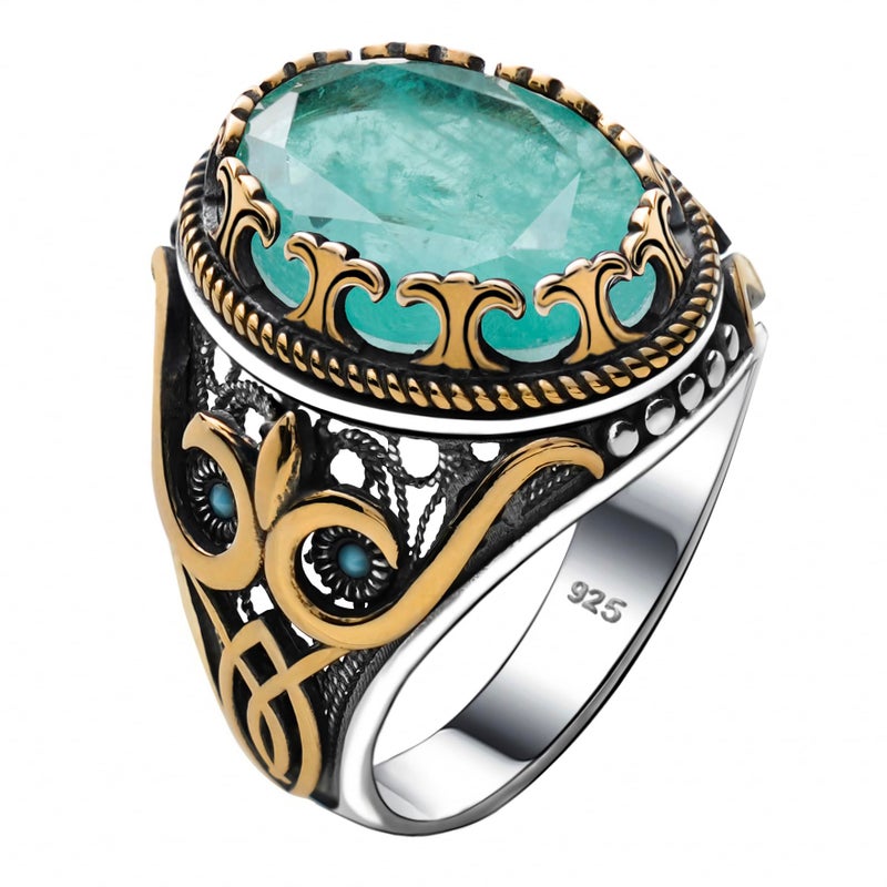 Genuine Solid 925 Sterling Silver Ring for Men Accented with bronze Faceted Simulated Frosted Green Emerald Stone Authentic Vintage Turkish Ottoman Style Simulated Frosted Emerald 6