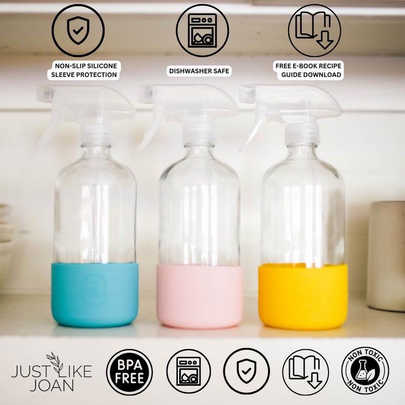 Just Like Joan Clear Glass Spray Bottle with Silicone Sleeve for Cleaning Solutions, Essential Oils, Plants, Vinegar - 16 oz, Refillable, Food Safe (2-PACK: Blush Pink & Pure White) - Image 4