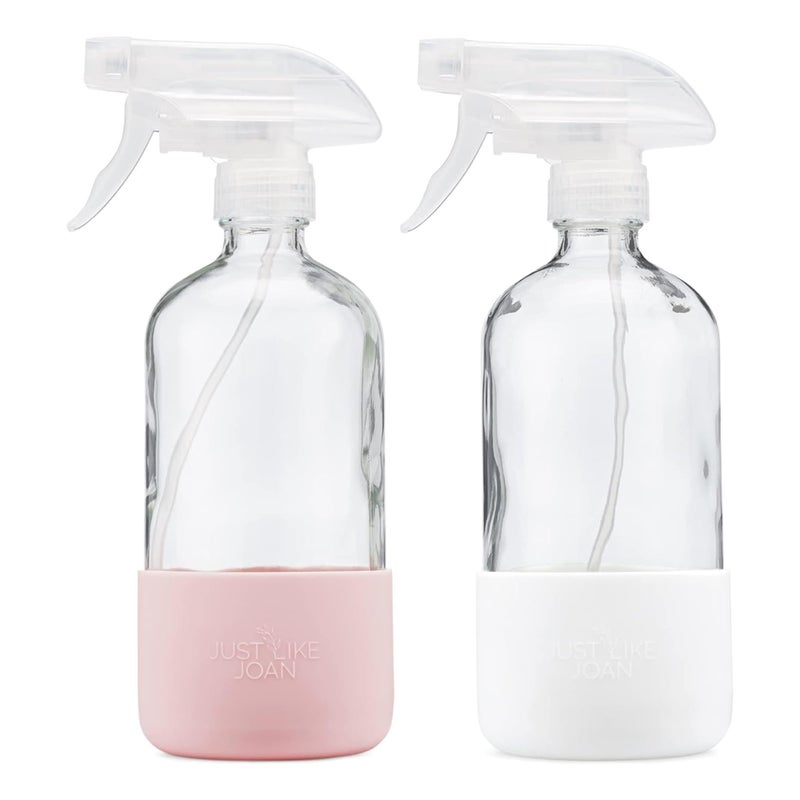 Just Like Joan Clear Glass Spray Bottle with Silicone Sleeve for Cleaning Solutions, Essential Oils, Plants, Vinegar - 16 oz, Refillable, Food Safe (2-PACK: Blush Pink & Pure White) - Image 1