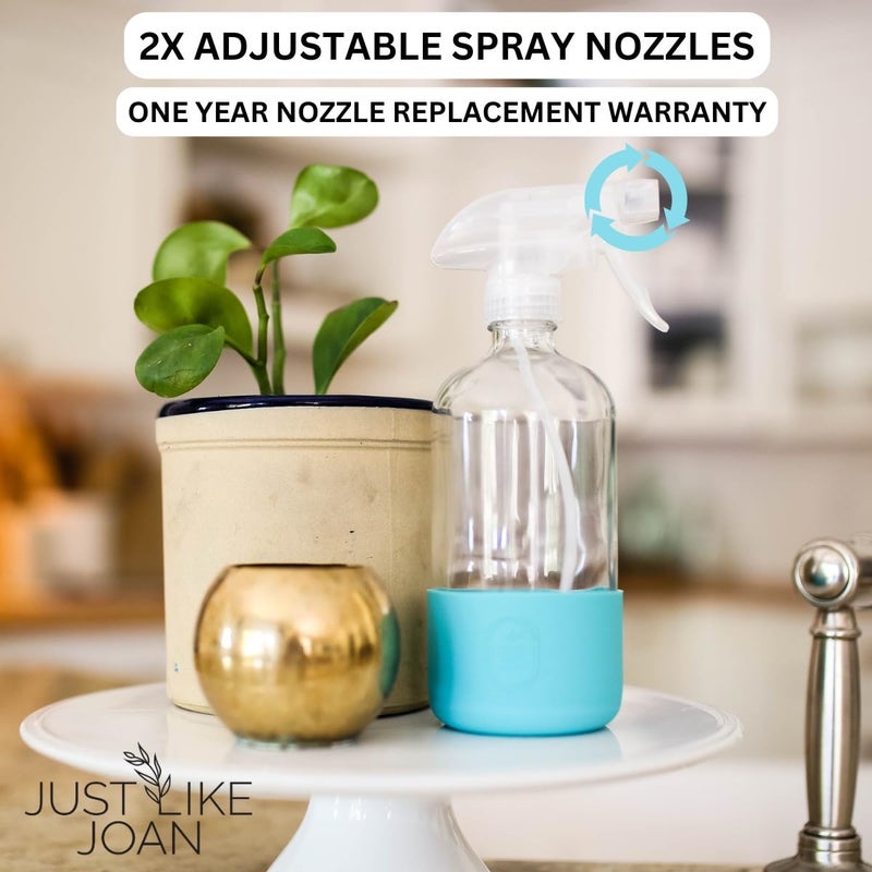 Just Like Joan Clear Glass Spray Bottle with Silicone Sleeve for Cleaning Solutions, Essential Oils, Plants, Vinegar - 16 oz, Refillable, Food Safe (2-PACK: Blush Pink & Pure White) - Image 5