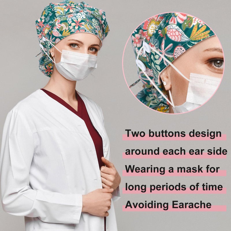 Jamntower 4 Pcs Extra Large Satin Lined Scrub Caps for Women Long Hair Nurse Surgical Hat with Buttons Adjustable Tie Back(Classic Style) - Image 4