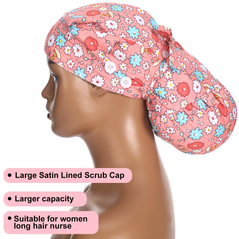Jamntower 4 Pcs Extra Large Satin Lined Scrub Caps for Women Long Hair Nurse Surgical Hat with Buttons Adjustable Tie Back(Classic Style) - Image 2