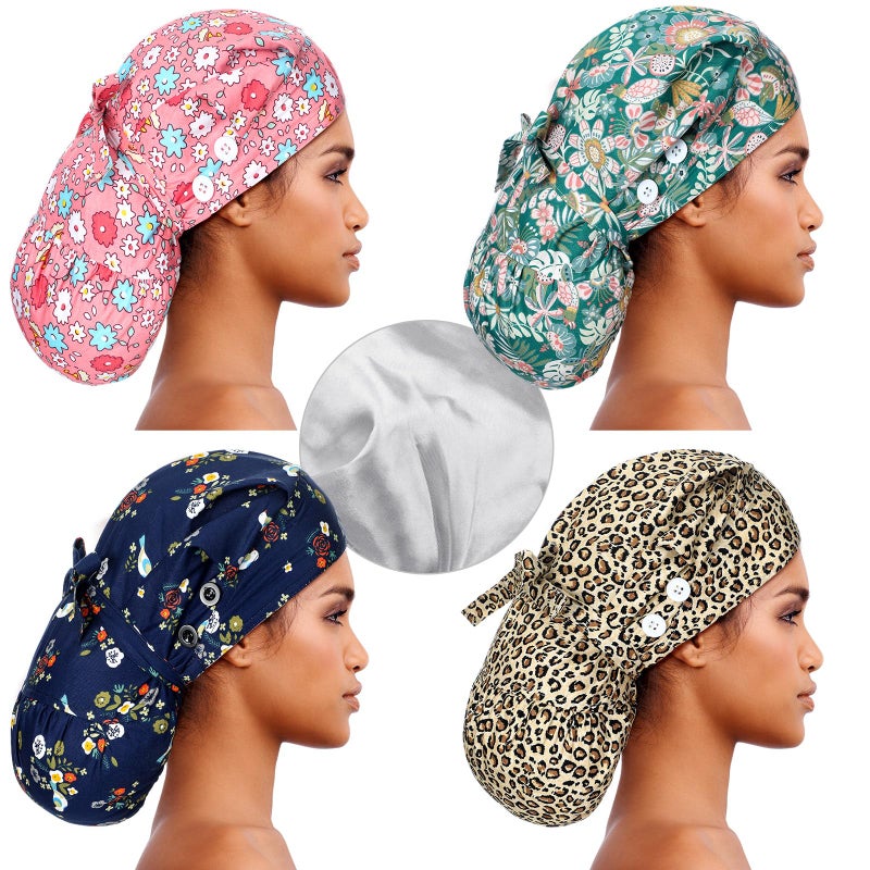 Jamntower 4 Pcs Extra Large Satin Lined Scrub Caps for Women Long Hair Nurse Surgical Hat with Buttons Adjustable Tie Back(Classic Style) - Image 1