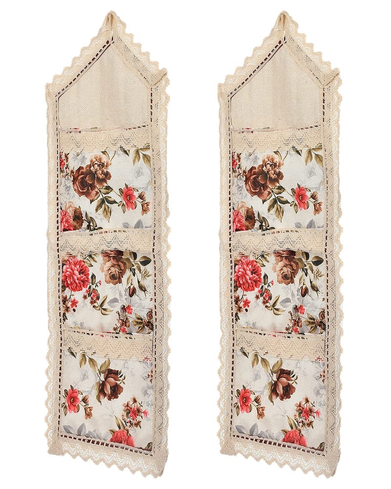 Kuber Industries Kuber Industries Flower Printed Wall Hanging Organizer For Small Accessories Stationery Jewelry Magazine Letter Pack of 2 Cream Red50KM01178  - Image 1