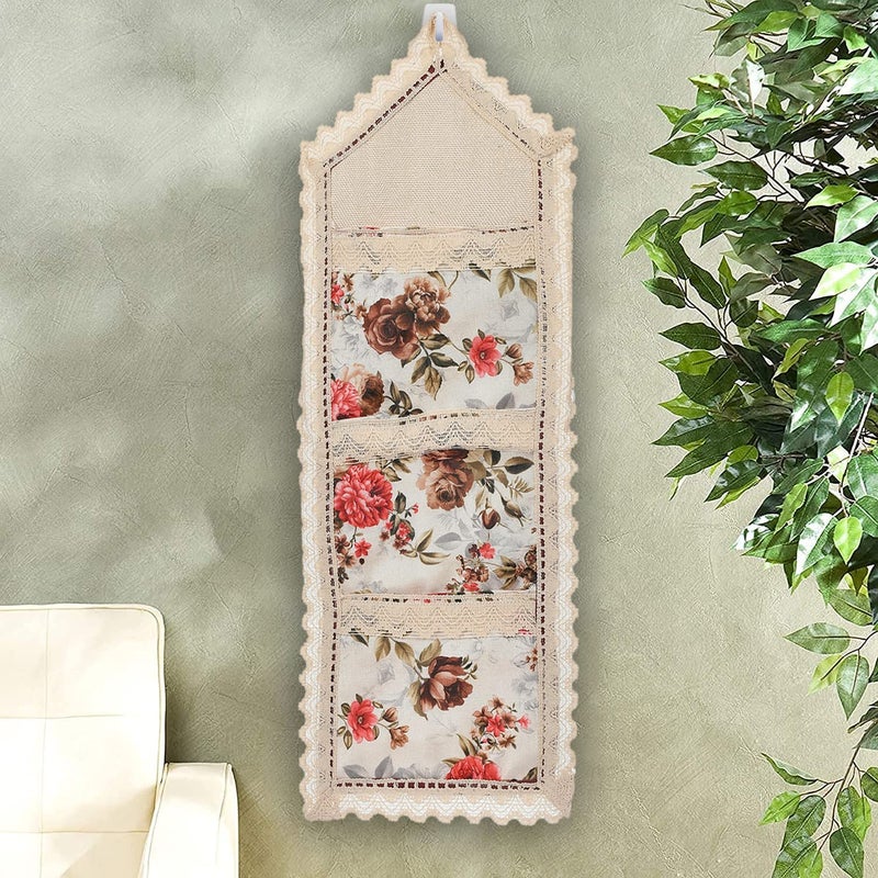 Kuber Industries Kuber Industries Flower Printed Wall Hanging Organizer For Small Accessories Stationery Jewelry Magazine Letter Pack of 2 Cream Red50KM01178  - Image 5