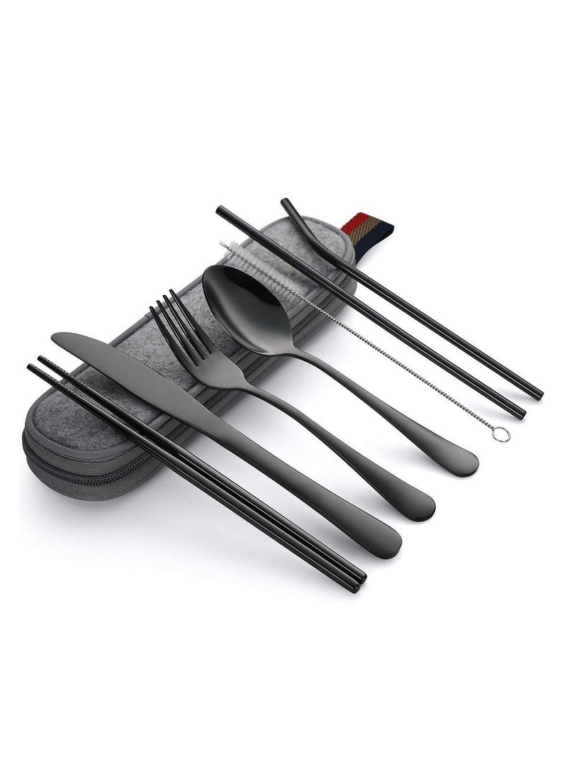 بيوينتي مجموعة ادوات المائدة المحمولة من يو هوم، 9 قطع بما في ذلك سكين شوكة ملعقة عيدان الاكل وفرشاة تنظيف الماصة حقيبة محمولة، مجموعة ادوات من الستانلس ستيل المقاوم للصدا (اسود) - Image 1
