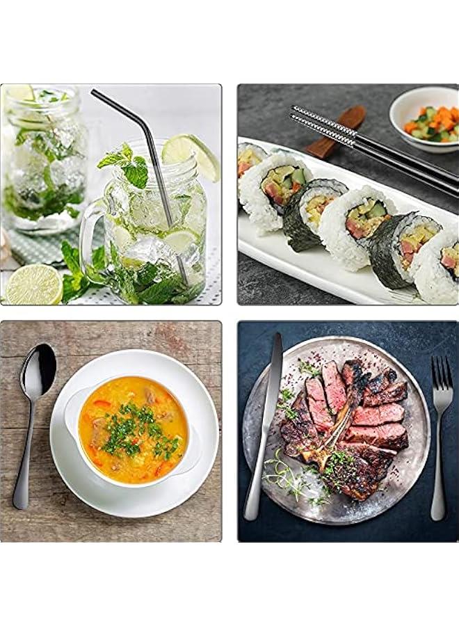 بيوينتي مجموعة ادوات المائدة المحمولة من يو هوم، 9 قطع بما في ذلك سكين شوكة ملعقة عيدان الاكل وفرشاة تنظيف الماصة حقيبة محمولة، مجموعة ادوات من الستانلس ستيل المقاوم للصدا (اسود) - Image 3