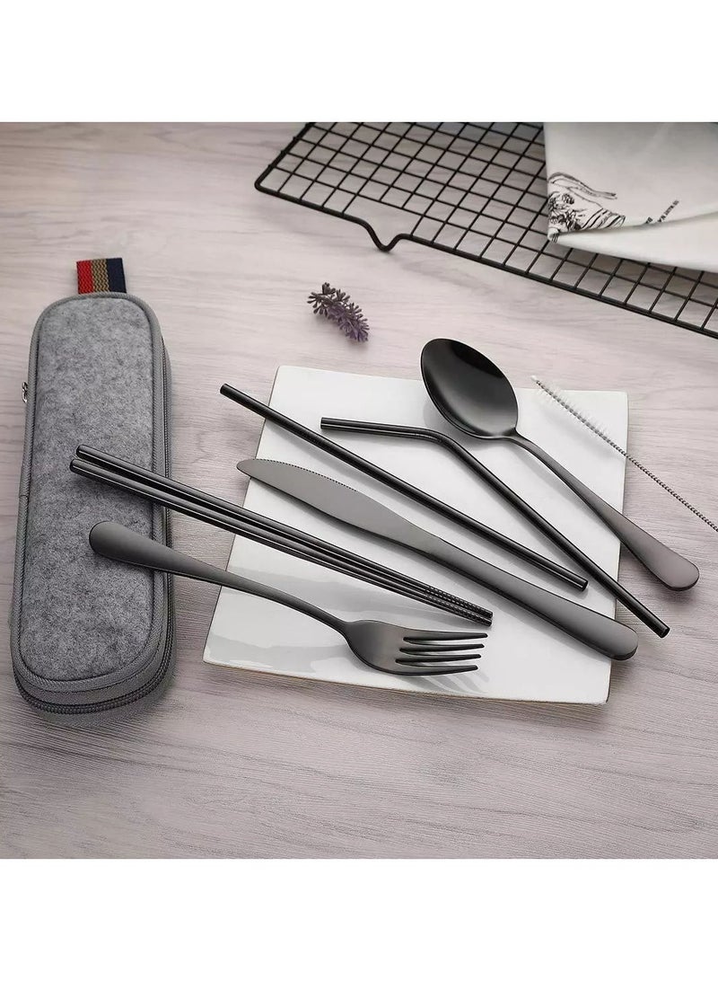 بيوينتي مجموعة ادوات المائدة المحمولة من يو هوم، 9 قطع بما في ذلك سكين شوكة ملعقة عيدان الاكل وفرشاة تنظيف الماصة حقيبة محمولة، مجموعة ادوات من الستانلس ستيل المقاوم للصدا (اسود) - Image 2