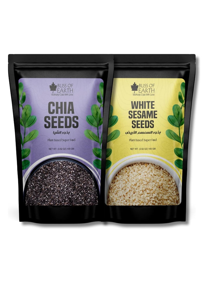 Raw Chia & White Sesame Seeds Combo for Weight Loss, Plant-Based Seeds for Planting, Drinks & Baking, High Protein Superfood Sesame & Chia Seed Fiber & Omega-3 Rich – 100g Each