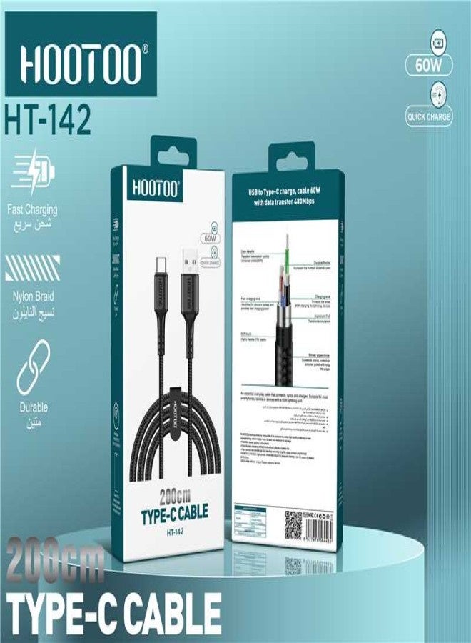HooToo Usb to Type c charging cable supports 60W fast charging u0026 data transfer. braided fabric type c cable fast charger durable and resistant. features a robust Type C connector with built in protection for your phone. 2 meter charging cable is compatible with iPhones, Samsung, Huawei, Xiaomi, and many other devices. - Image 3