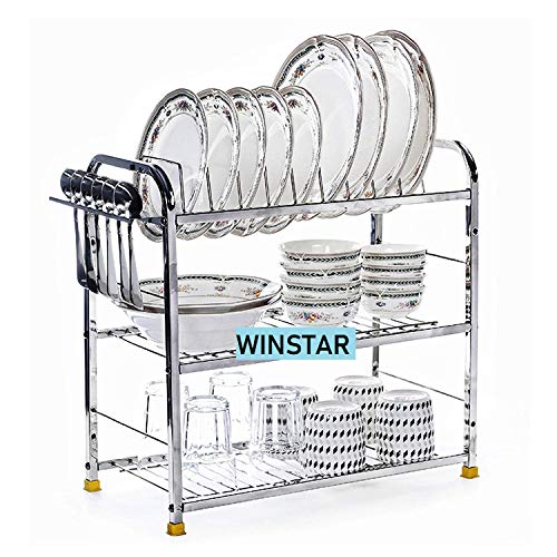 WINSTAR Stainless Steel 3 Shelf Wall Mount Kitchen Utensils Rack | Dish Rack with Plate & Cutlery Stand | Modular Kitchen Storage Rack | Home Organizer (18x18 inches) - Image 1