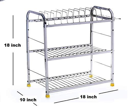 WINSTAR Stainless Steel 3 Shelf Wall Mount Kitchen Utensils Rack | Dish Rack with Plate & Cutlery Stand | Modular Kitchen Storage Rack | Home Organizer (18x18 inches) - Image 3