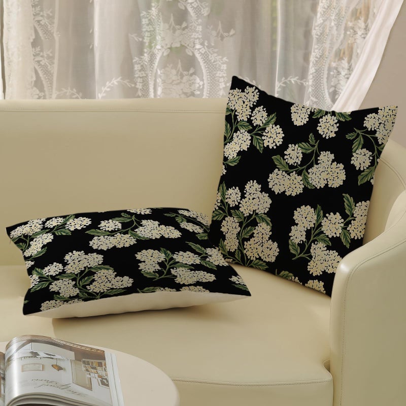 DAFENA Black Spring Pillow Covers 18x18 Inch 2 Pcs Green Hydrangea Flower Decor Throw Pillows Vintage Floral Seasonal Summer Outdoor Decoration Pillowcase Linen Cushion Cover for Couch Sofa - Image 4