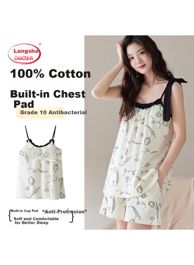 LANG SHA Langsha Women's Camisole Nightdress 100% Cotton Summer Built-in Bra Sleeveless Homewear Printed  New Style Outerwear - Image 5