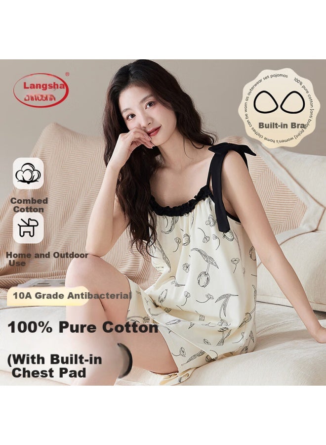 LANG SHA Langsha Women's Camisole Nightdress 100% Cotton Summer Built-in Bra Sleeveless Homewear Printed  New Style Outerwear - Image 1