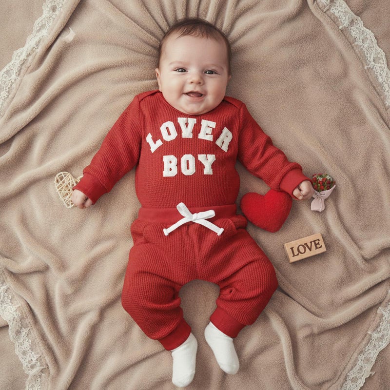 Douhoow Baby Boys Valentine's Day Outfit Sets Long Sleeve Crew Neck Letter Embroidery Romper Drawstring Pants Sets (Red, 0-3 Months) - Image 4