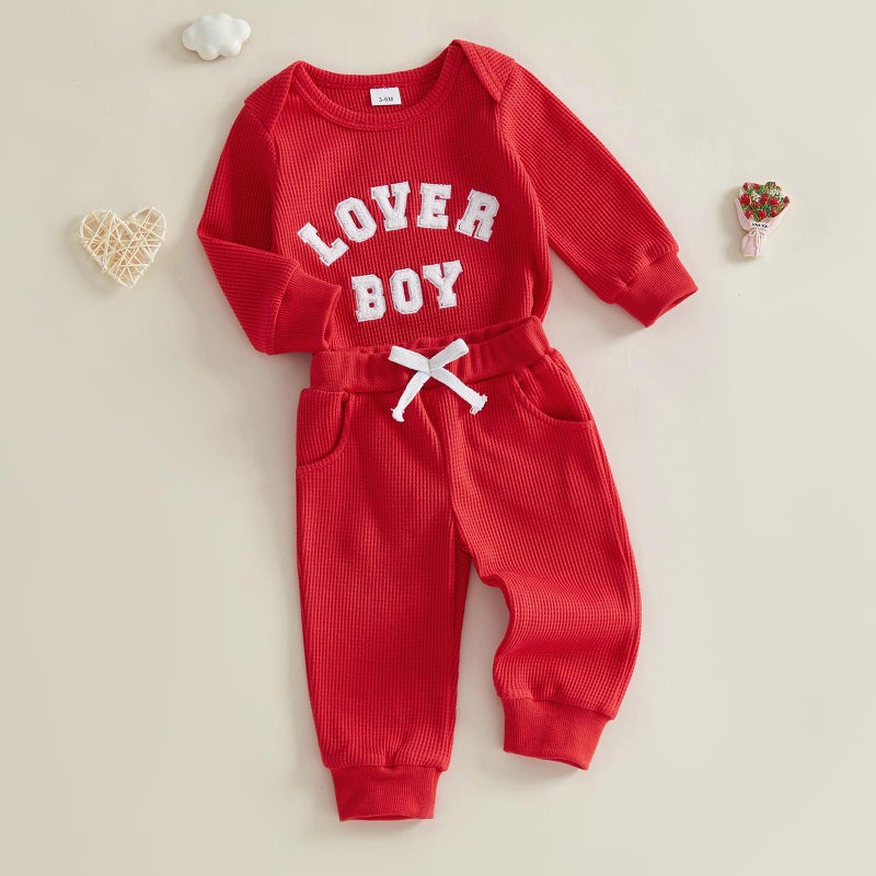 Douhoow Baby Boys Valentine's Day Outfit Sets Long Sleeve Crew Neck Letter Embroidery Romper Drawstring Pants Sets (Red, 0-3 Months) - Image 3
