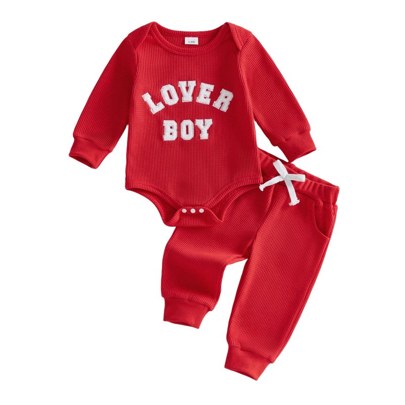 Douhoow Baby Boys Valentine's Day Outfit Sets Long Sleeve Crew Neck Letter Embroidery Romper Drawstring Pants Sets (Red, 0-3 Months) - Image 1