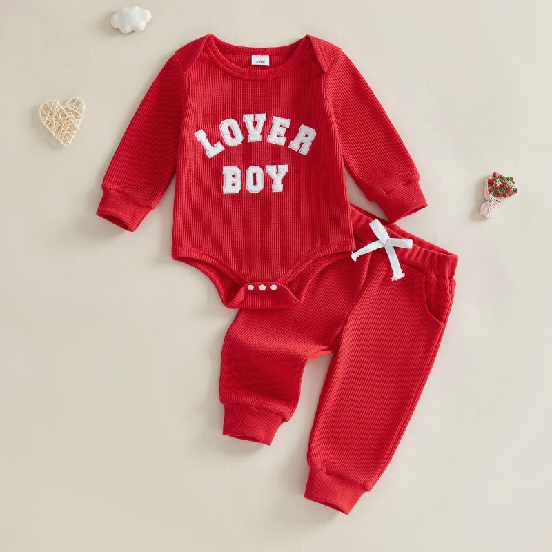 Douhoow Baby Boys Valentine's Day Outfit Sets Long Sleeve Crew Neck Letter Embroidery Romper Drawstring Pants Sets (Red, 0-3 Months) - Image 2