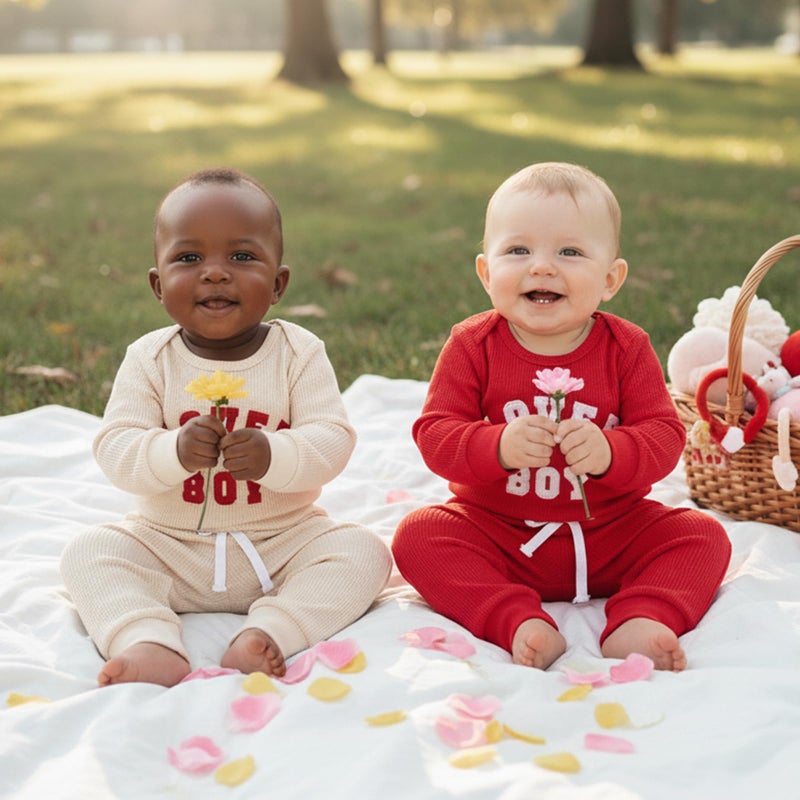 Douhoow Baby Boys Valentine's Day Outfit Sets Long Sleeve Crew Neck Letter Embroidery Romper Drawstring Pants Sets (Red, 0-3 Months) - Image 5