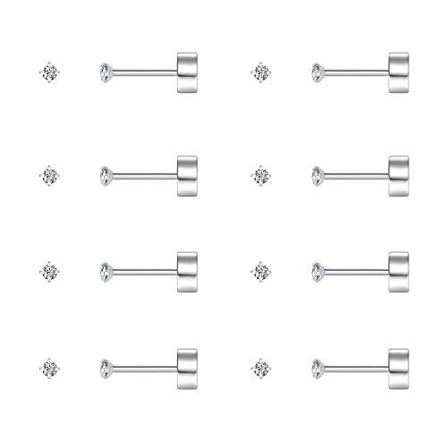 FOSIR 2mm Tiny Hypoallergenic Flat Back Earrings for Women Men Surgical Stainless Steel Stud Earrings Cubic Zirconia Studs Cartilage Earrings for Sensitive Ears Pack of 8 Pairs - Image 1