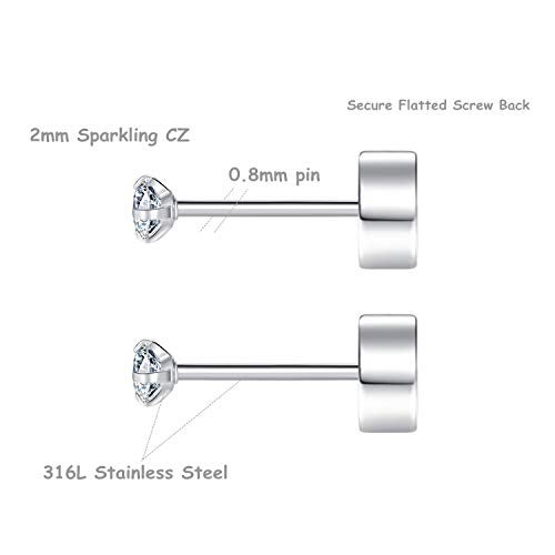 FOSIR 2mm Tiny Hypoallergenic Flat Back Earrings for Women Men Surgical Stainless Steel Stud Earrings Cubic Zirconia Studs Cartilage Earrings for Sensitive Ears Pack of 8 Pairs - Image 2