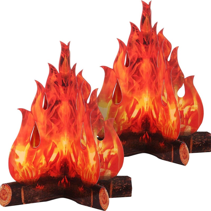 Boao 2 Set Fake Fire Fake Flame Camping Decoration 3D Cardboard Campfire Centerpiece Artificial Flames Campfire Party Decoration for Camp Bachelorette Christmas Party(12 x 10 Inch,Red Orange) - Image 1