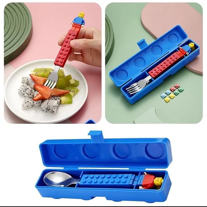 BIRZAR Kids Stainless Steel Building Blocks Cutlery Set of 3 Interactive Lunch Set with FiguresSpoon Fork Cutlery Set with Storage Box for Kids for Birthday Return Gift - Image 3