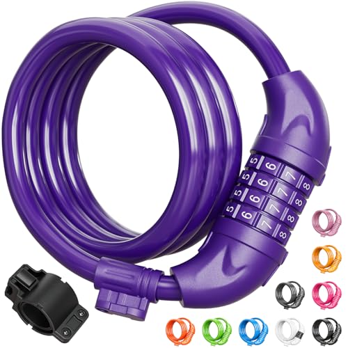 Titanker Bike Lock, 4 Feet Security Resettable Combination Coiling Bike Cable Locks with Mounting Bracket, 1/2 Inch Diameter (Purple) - Image 1