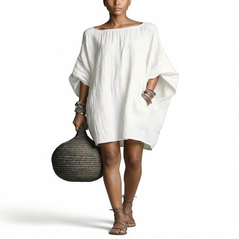 Women's Retro Long Sleeve Off-Shoulder Midi Dress Casual Cotton Linen Dress - Image 4