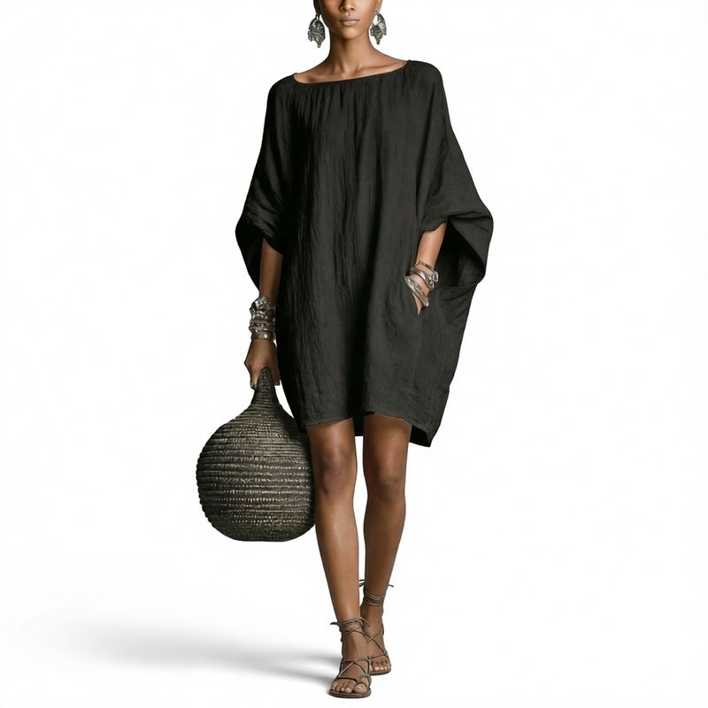 Women's Retro Long Sleeve Off-Shoulder Midi Dress Casual Cotton Linen Dress - Image 3