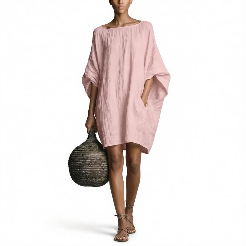 Women's Retro Long Sleeve Off-Shoulder Midi Dress Casual Cotton Linen Dress - Image 2